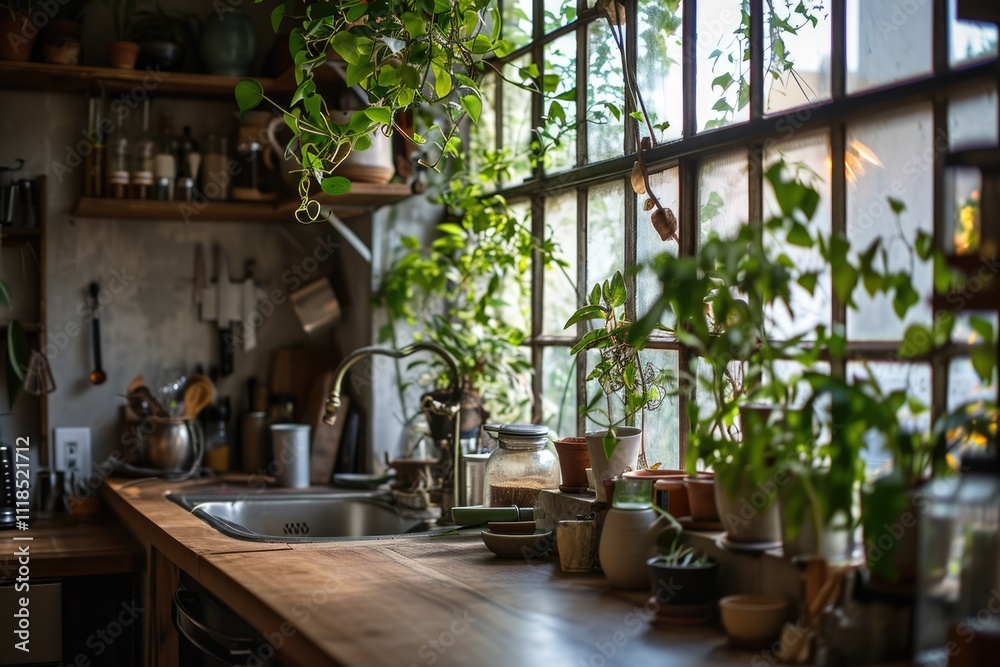 Fototapeta premium Indoor Greenery: Enhancing Your Kitchen with Plants and Decor