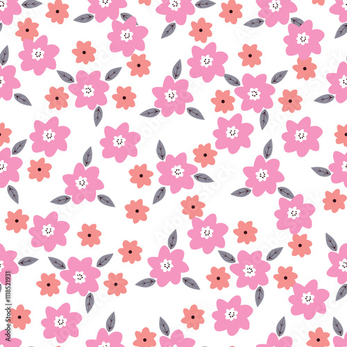 Seamless floral pattern, liberty ditsy print of pretty decorative art meadow, mini wild plants. Cute botanical design: small hand drawn flowers, simple tiny grass, leaves. Vector illustration.