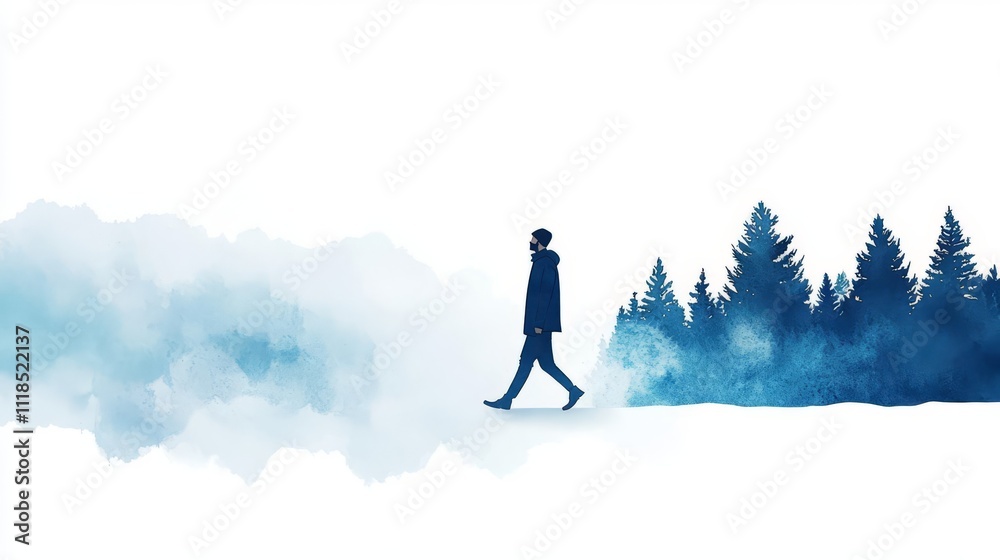 A solitary figure walking through a misty forest.