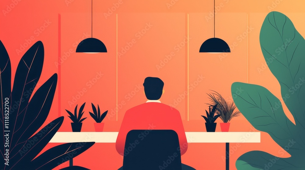 A person sits at a minimalist desk surrounded by plants, illuminated by hanging lights in a warm, gradient backdrop. A person sits at a minimalist desk surrounded by plants, illuminated by hanging lights in a warm, gradient backdrop.