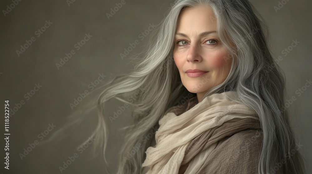 Obraz premium Kobieta o siwych, długich włosach i łagodnym spojrzeniu, z subtelnym szalem otulającym szyję, uchwycona na stonowanym tle, zachwyca harmonią i wdziękiem.