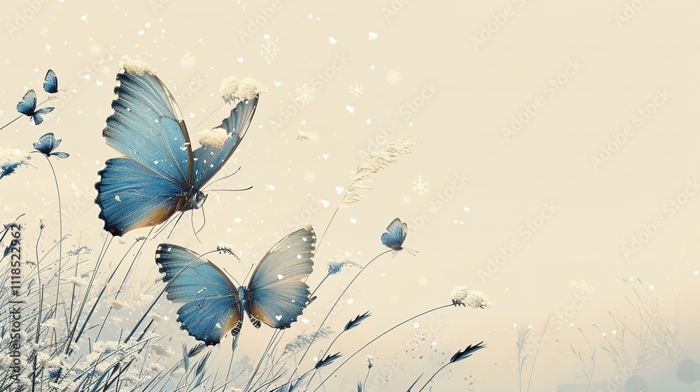 Gorgeous blue butterflies in close-up against a pale beige backdrop covered in snow having enough of content area for backdrop or textual usage, Generative AI. Gorgeous blue butterflies in close-up against a pale beige backdrop covered in snow having enough of content area for backdrop or textual usage, Generative AI.