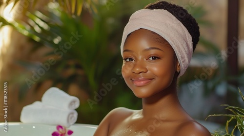 Woman relaxing in bath, stylish spa setting. photo