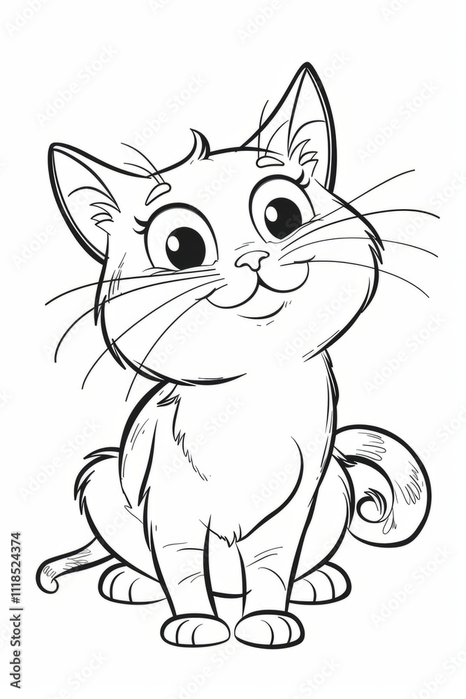 Obraz premium Black and white illustration of a happy cartoon cat sitting, designed for children's coloring books