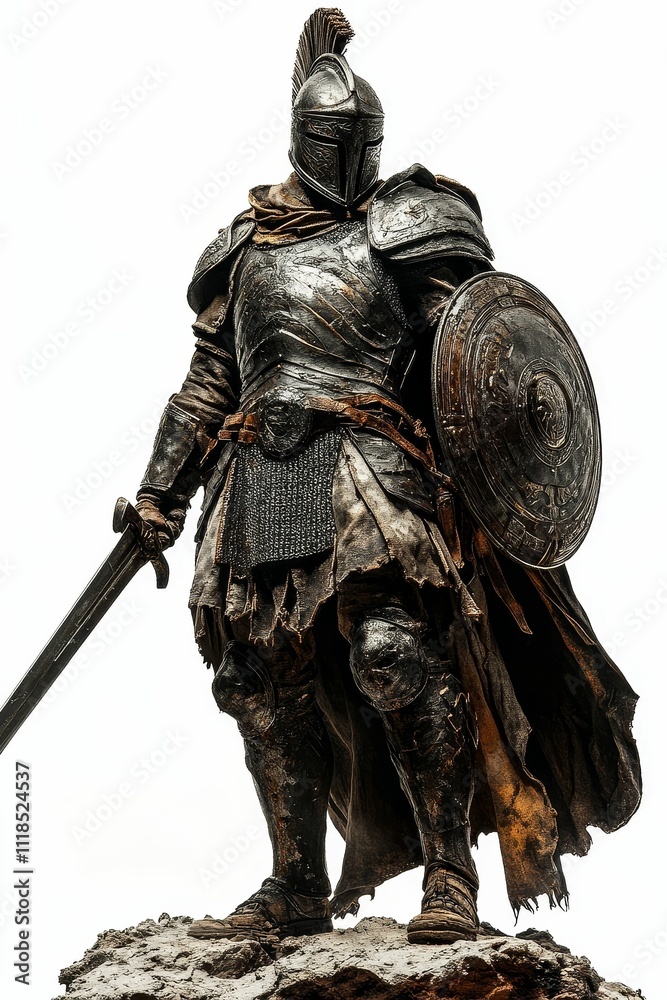 Weathered armored figure, sword, shield, rocky outcrop. Weathered armored figure, sword, shield, rocky outcrop.