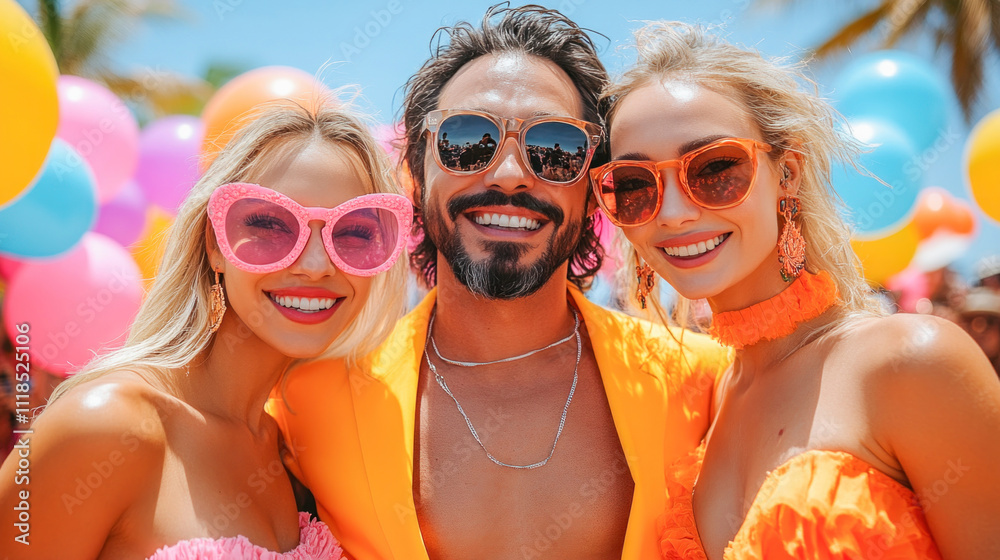 Influencers smiling and having fun at a summer festival with colorful balloons Influencers smiling and having fun at a summer festival with colorful balloons