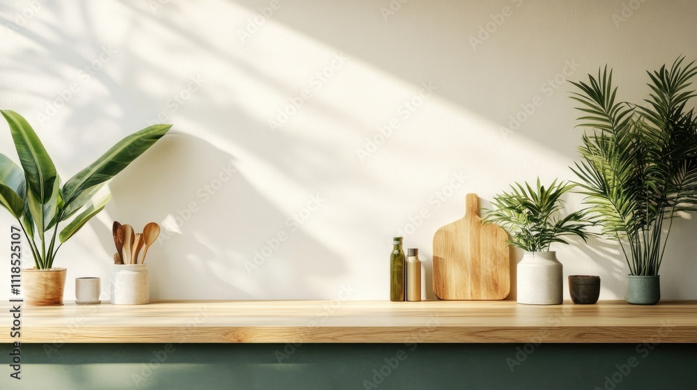 A serene kitchen countertop with plants, utensils, and a cutting board, creating a cozy atmosphere.