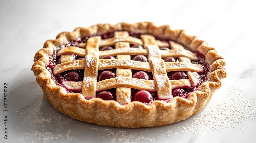 food photography of cherry pie with perfect lattice crust placed on white marble surface with subtle flour dust food photography of cherry pie with perfect lattice crust placed on white marble surface with subtle flour dust