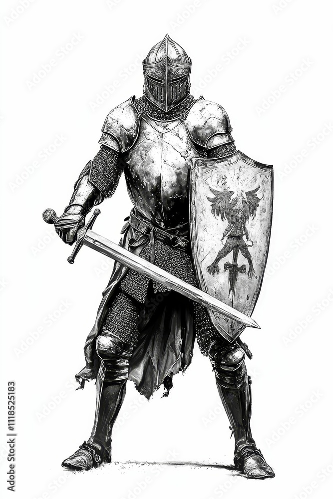 Medieval warrior, armored, sword, shield, combat-ready. Medieval warrior, armored, sword, shield, combat-ready.