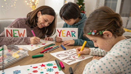 Crafting New Year Cards At a craft table the children design their own New Years greeting cards. They use vivid colored markers glitter and stickers carefully spelling out auious photo