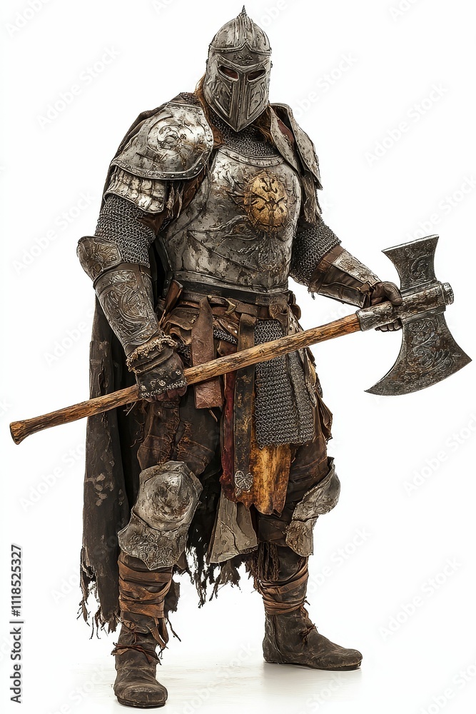 Battle-ready armored figure wielding large axe. Battle-ready armored figure wielding large axe.