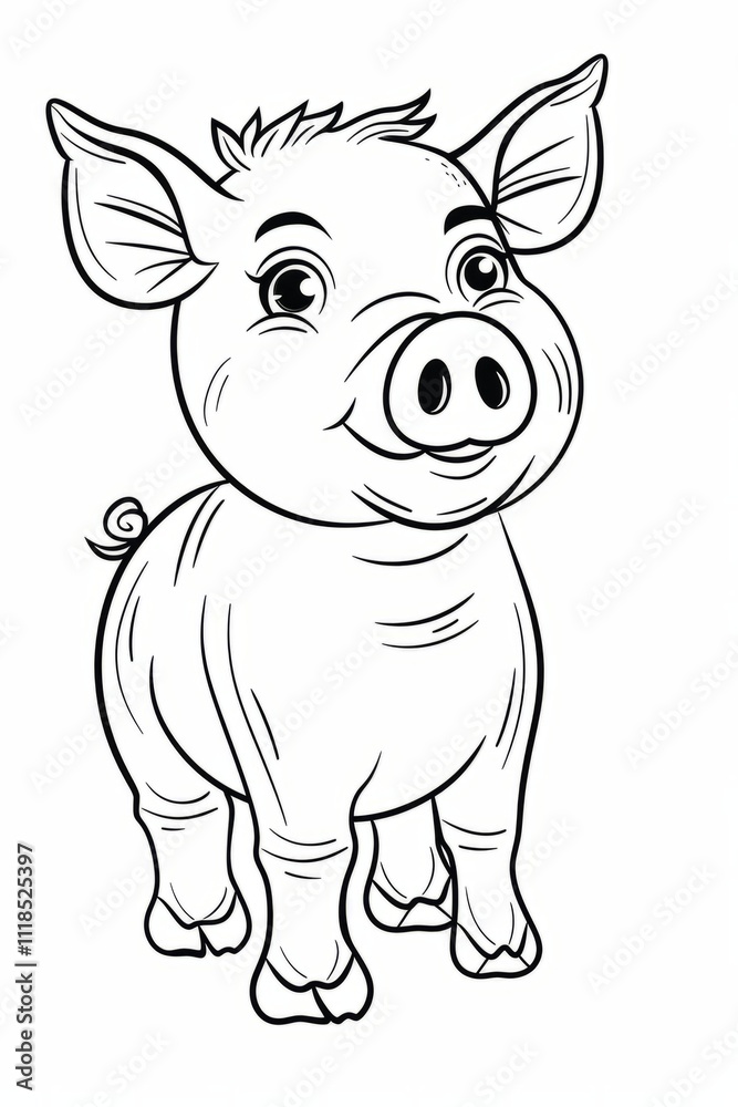 Obraz premium Black and white drawing of adorable piglet standing and smiling, depicted in a cartoon style, perfect for a coloring book or children's activity