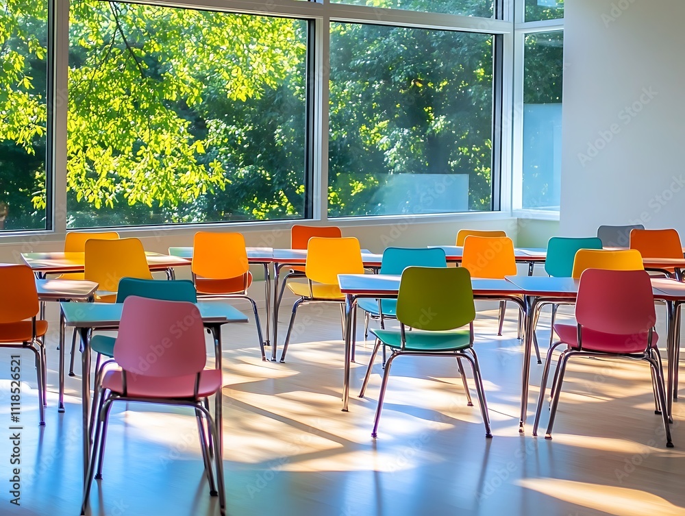 Fototapeta premium Vibrant Classroom Setting: A Burst of Color in a Bright Learning Space