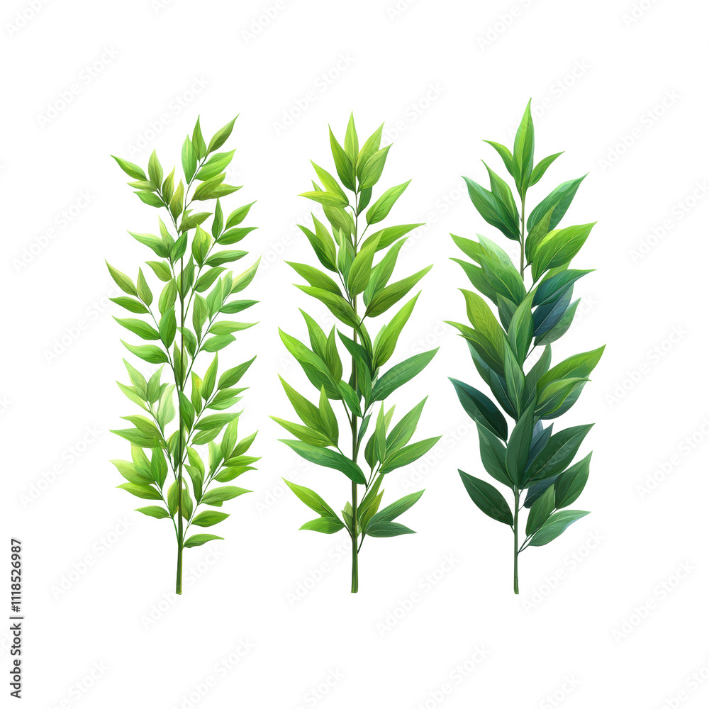 Fototapeta premium Three green plant branches with vibrant leaves, showcasing different shapes and sizes, perfect for adding natural touch to any design