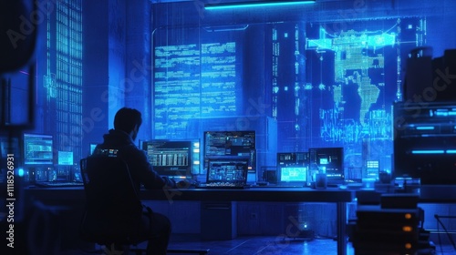 Hacker working late at night in a futuristic control room, surrounded by holographic displays and computer screens.