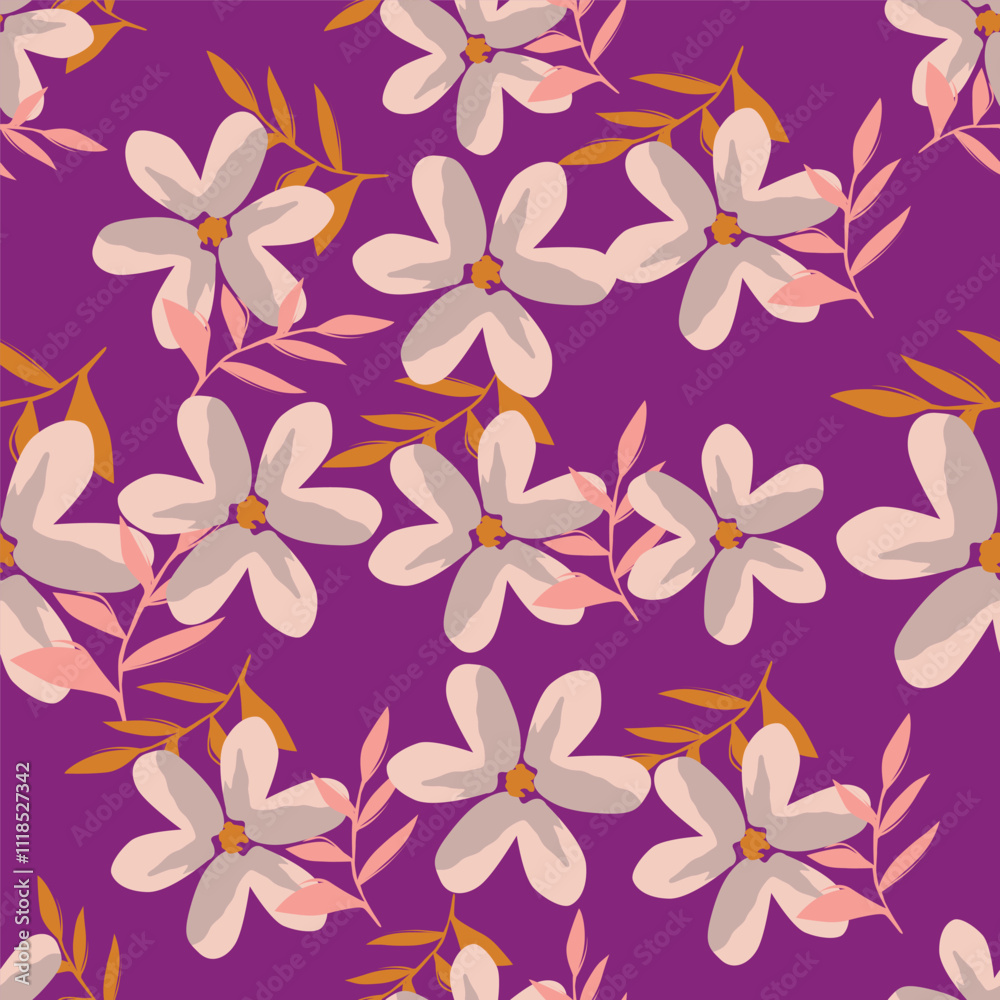 Seamless floral pattern, cute ditsy print with small pink flowers, leaves on purple background. Pretty botanical design for fabric, paper and other surfaces. Vector illustration. Seamless floral pattern, cute ditsy print with small pink flowers, leaves on purple background. Pretty botanical design for fabric, paper and other surfaces. Vector illustration.