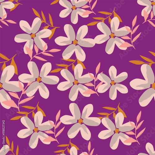 Seamless floral pattern, cute ditsy print with small pink flowers, leaves on purple background. Pretty botanical design for fabric, paper and other surfaces. Vector illustration.