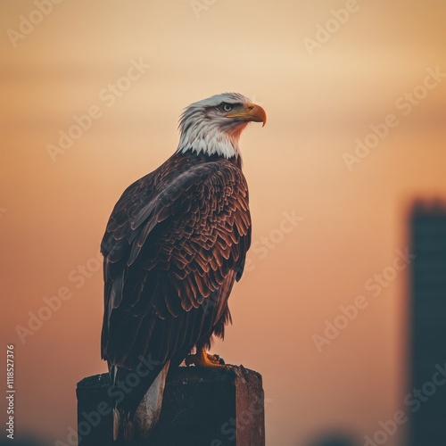 Majestic bald eagle at sunset with impressive plumage and intense gaze photo