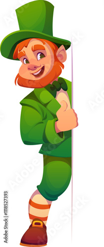 Cartoon irish leprechaun man character peeking from the side with playful expression. Isolated vector cheerful Saint Patrick day personage wearing a vibrant green outfit, embodying Irish folklore