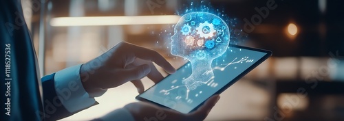 Businessman using a tablet with a digital hologram of an artificial intelligence and gears icon on a virtual screen for a business technology concept in a futuristic background. AI GENERATED