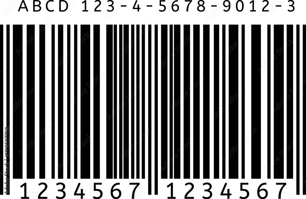 Black and white barcode with numbers and letters representing retail product identification, inventory management, and supermarket scanning technology Black and white barcode with numbers and letters representing retail product identification, inventory management, and supermarket scanning technology
