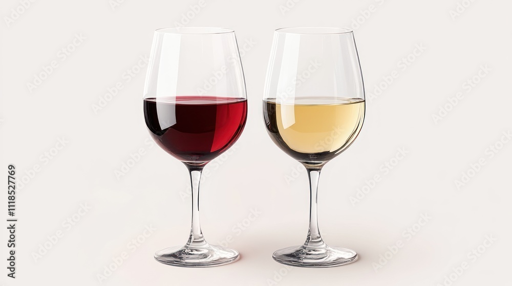 Two wine glasses, one filled with red wine and the other with white wine, on a light background. Two wine glasses, one filled with red wine and the other with white wine, on a light background.
