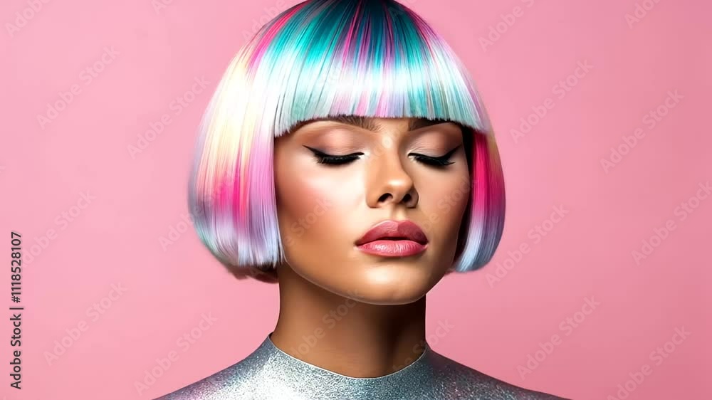 A woman with a colorful rainbow bob hairstyle against a pink background, symbolizing creativity and Pride