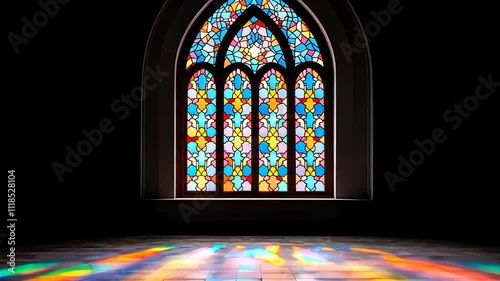 Vibrant stained glass window casting colorful reflections on a church floor, symbolizing spirituality and Easter