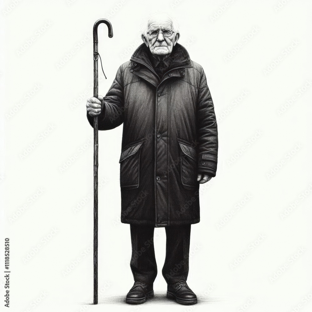 Obraz premium Illustration Pencil Sketch of an Elderly Man with Beard Holding a Wooden Staff in Winter Clothing 