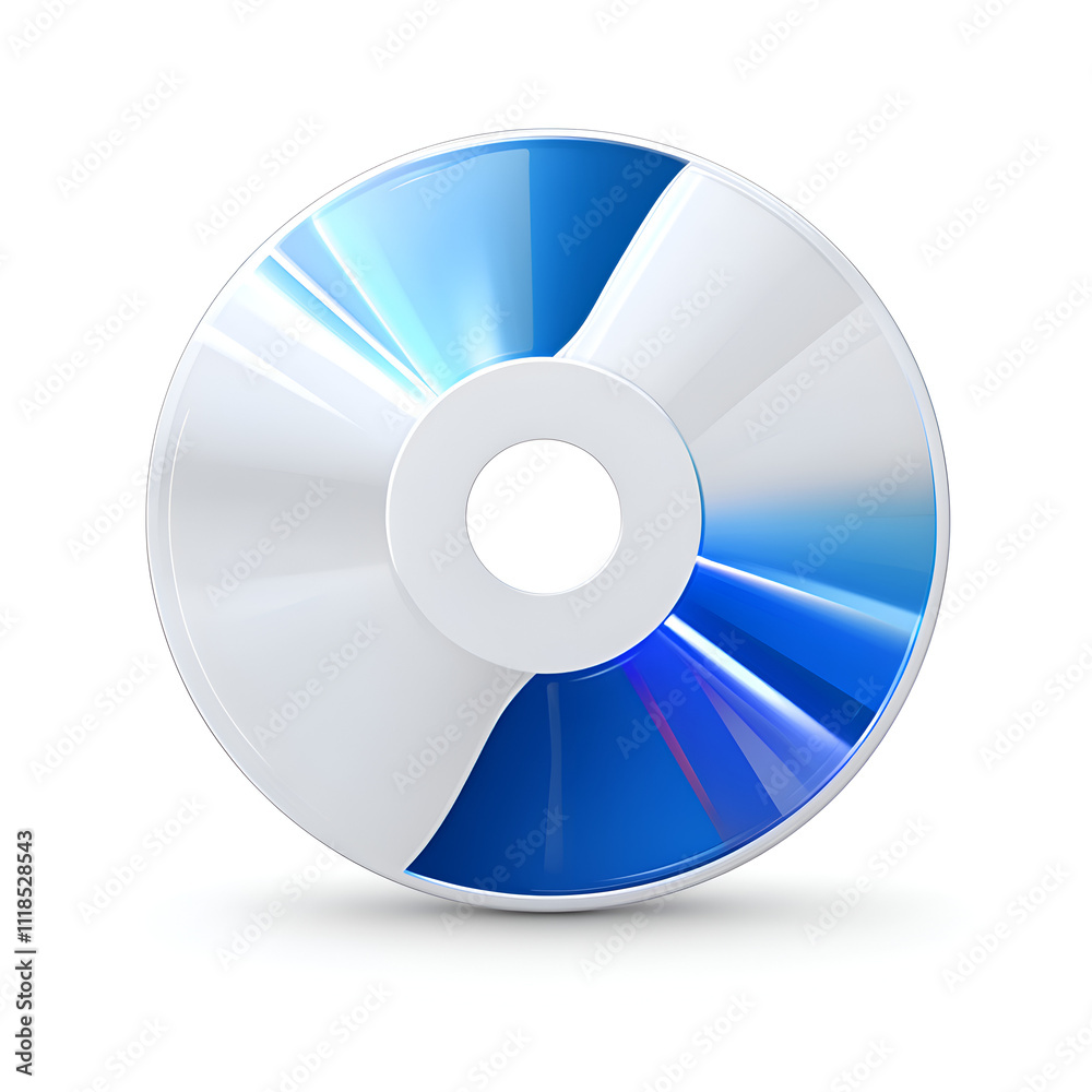 Compact disc with a blue and white shiny surface reflecting light, showcasing a classic storage medium for music and data Compact disc with a blue and white shiny surface reflecting light, showcasing a classic storage medium for music and data