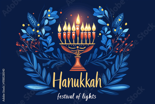 Happy Hanukkah Festival of Lights banner card. Menorah with burning candles on background for Hanukkah, Jewish holiday. Banner with illustration