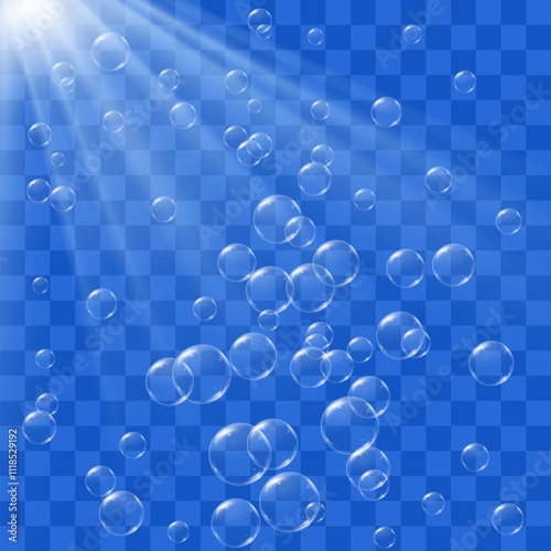 Bubbles of air or carbonated water underwater rise up under sunlight. Realistic 3d vector on transparent background.