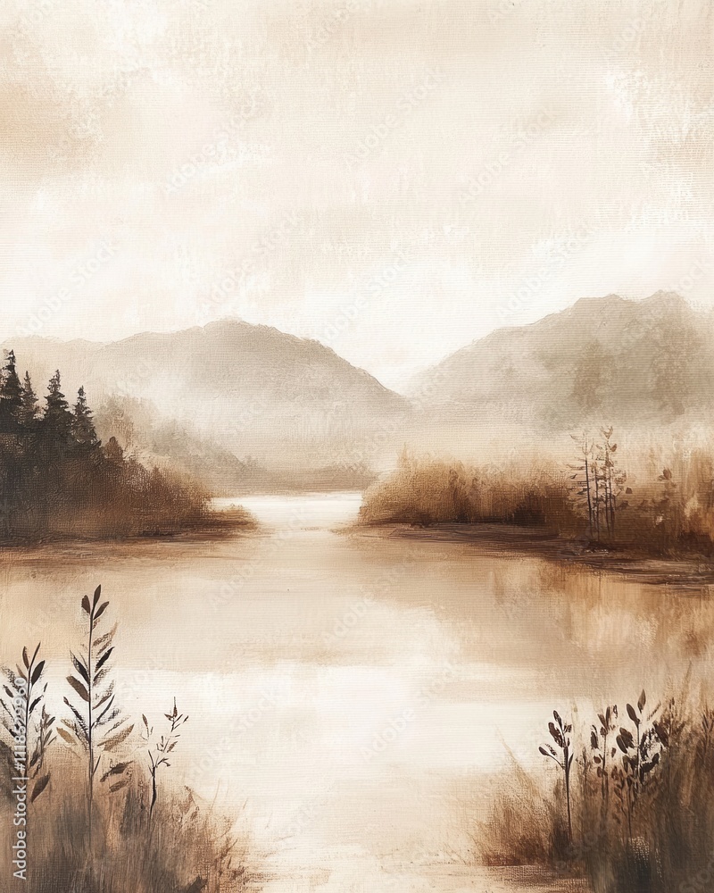 Fototapeta premium Vintage landscape art painting, wall art, design, realistic, textured painting