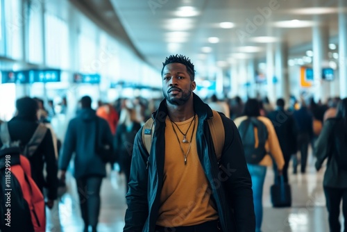 Man with backpack stands in busy corridor.