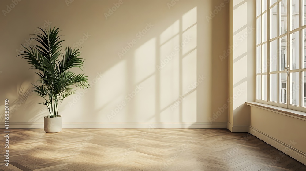 A beige room with sunlight streaming in, casting shadows. A potted plant sits near a window. A beige room with sunlight streaming in, casting shadows. A potted plant sits near a window.