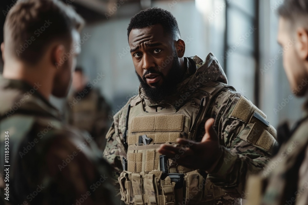 Fototapeta premium Camouflaged soldier explains, intense expression, military briefing.