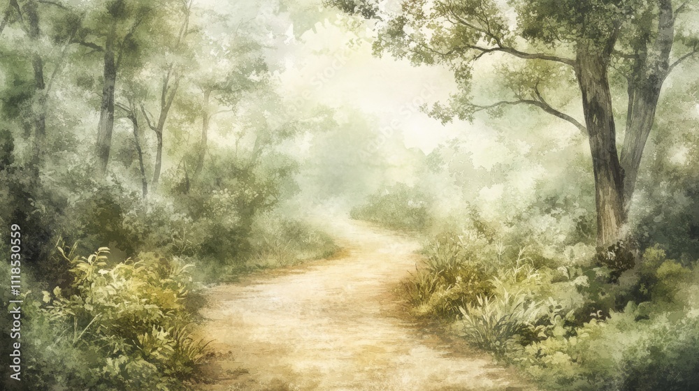 Naklejka premium Enchanting wild forest path with watercolor effect, perfect for nature-inspired wall art or wallpaper
