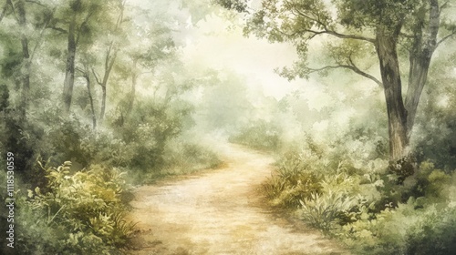 Enchanting wild forest path with watercolor effect, perfect for nature-inspired wall art or wallpaper