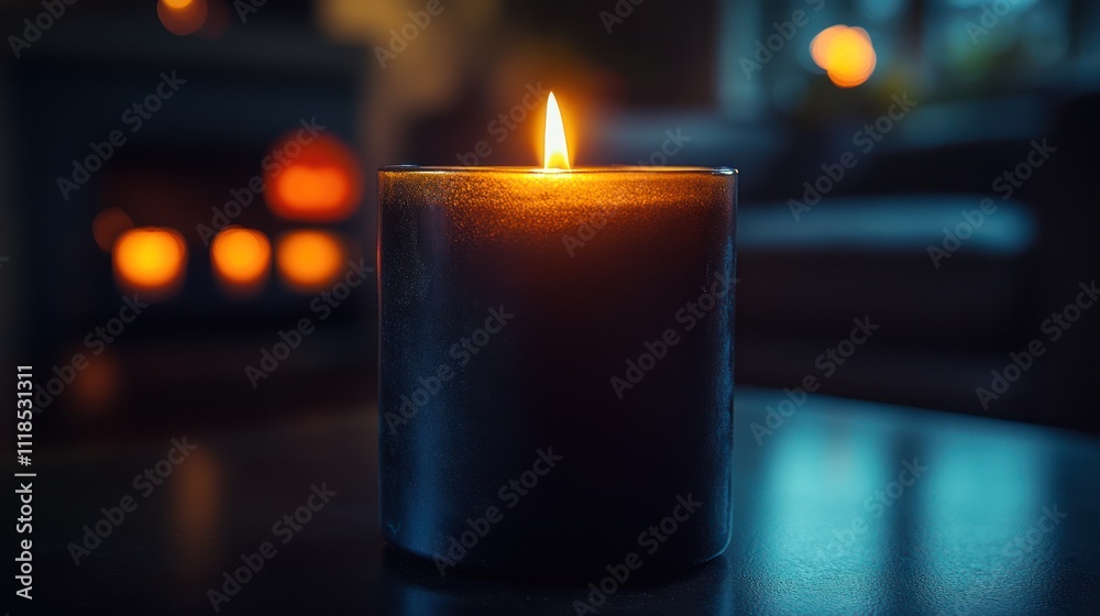 Dark candle burning on table, fireplace background. Dark candle burning on table, fireplace background.
