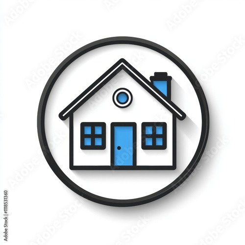 simple home icon featuring blue door and windows, set within circular outline. This design conveys sense of comfort and security, ideal for real estate or home related themes