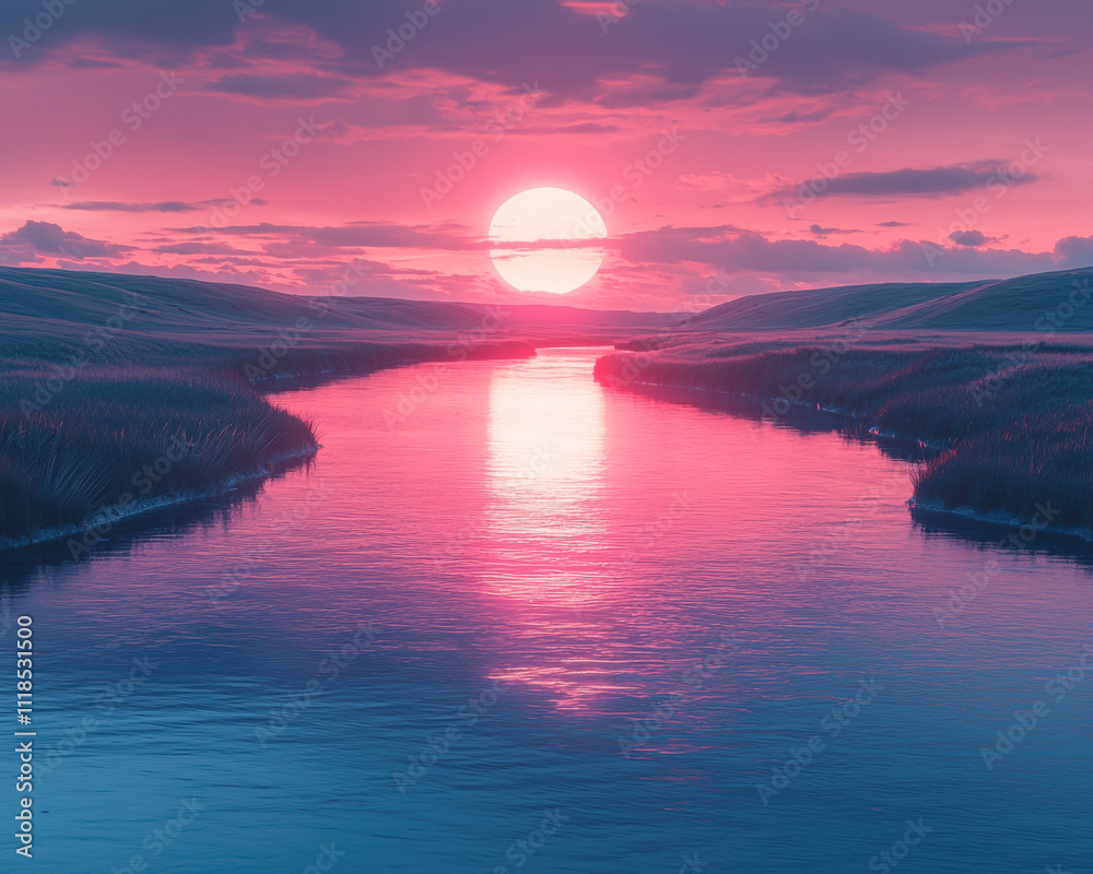 Fototapeta premium serene river glowing under vibrant pink sunset, surrounded by lush hills. tranquil scene evokes sense of peace and beauty in nature