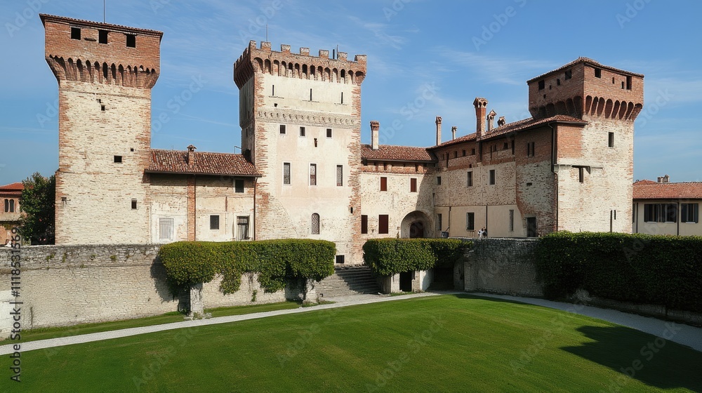 A stunning medieval castle boasts impressive turrets and stone walls, surrounded by manicured grass and shrubbery, reflecting timeless beauty A stunning medieval castle boasts impressive turrets and stone walls, surrounded by manicured grass and shrubbery, reflecting timeless beauty