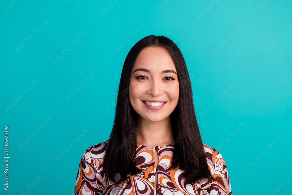 Portrait of nice young girl beaming smile empty space wear top isolated on turquoise color background Portrait of nice young girl beaming smile empty space wear top isolated on turquoise color background