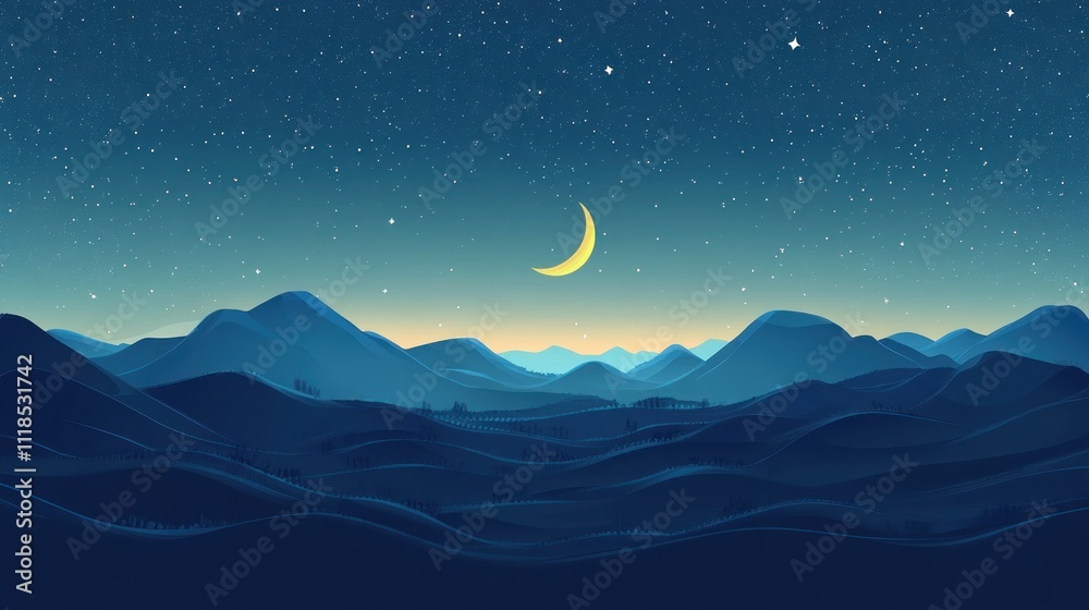 Obraz premium A serene night landscape featuring mountains under a starry sky with a crescent moon.