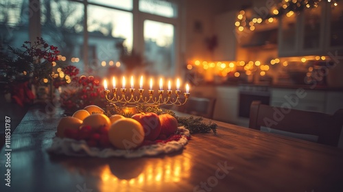 Menorah with fruit on table, warm lighting, cozy kitchen. photo