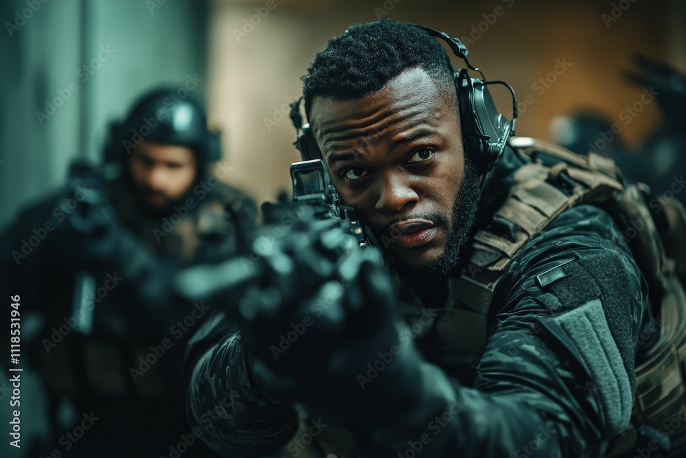 Fototapeta premium Armed soldier aiming weapon, comrade blurred background.