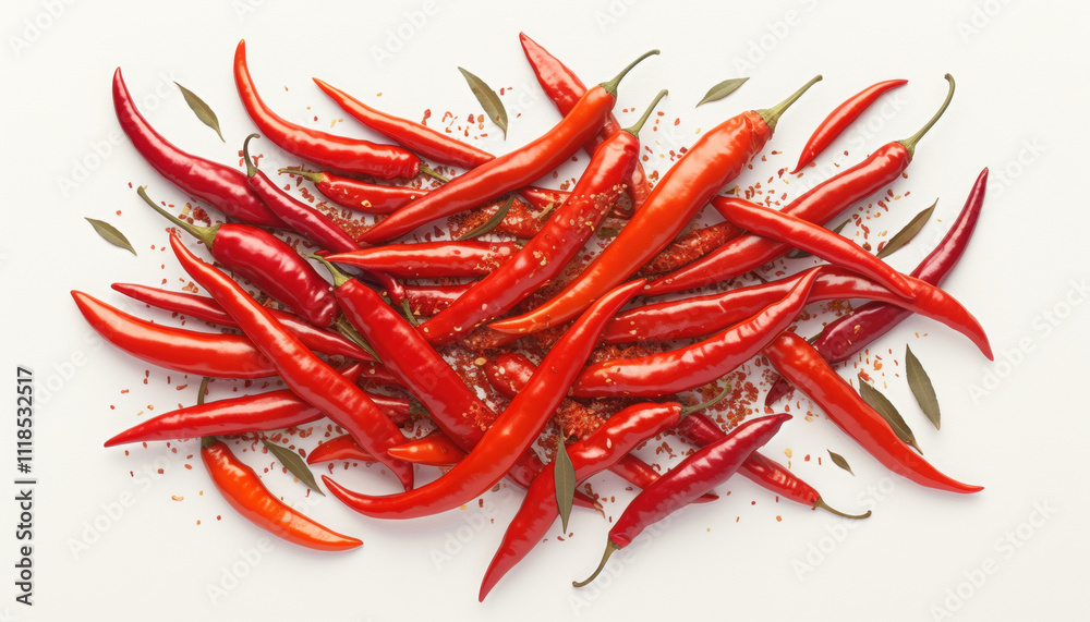 Vibrant red chili peppers scattered with spices and bay leaves create lively and colorful display. This captures essence of culinary heat and flavor Vibrant red chili peppers scattered with spices and bay leaves create lively and colorful display. This captures essence of culinary heat and flavor