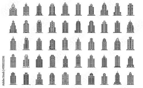 Building icon set. Outline cityscape construction and apartment. Business architecture town and metropolis skyscraper collection. City exterior structure and line silhouette vector illustration.