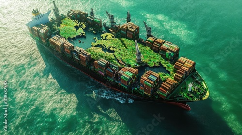 Aerial shot of a container ship shaped like a world map, symbolizing global unity and commerce  photo