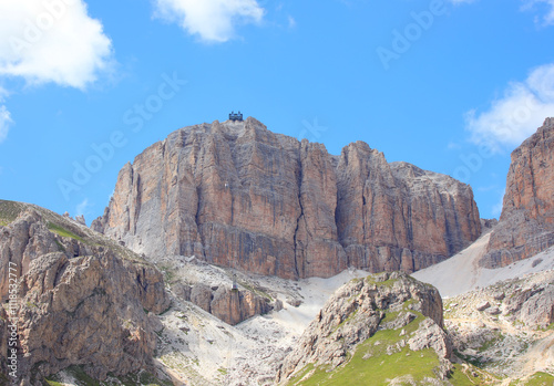 cable car station at the summit of the mountain called SASS PORDOI in the European Alps in the Dolomite mountain range in Italy during summer